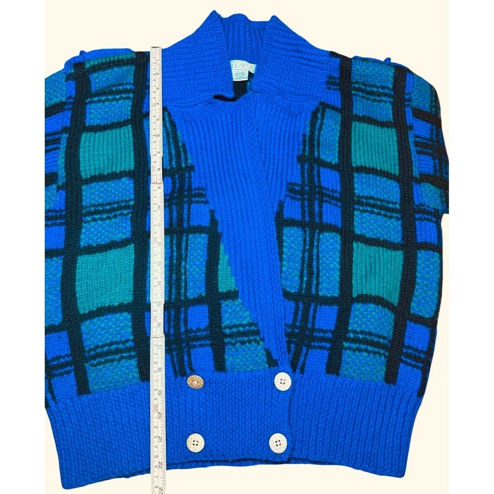 CARLISLE SPORT Plaid Wool Knit Sweater Jacket Blue Green Black Gold‎ Button M
